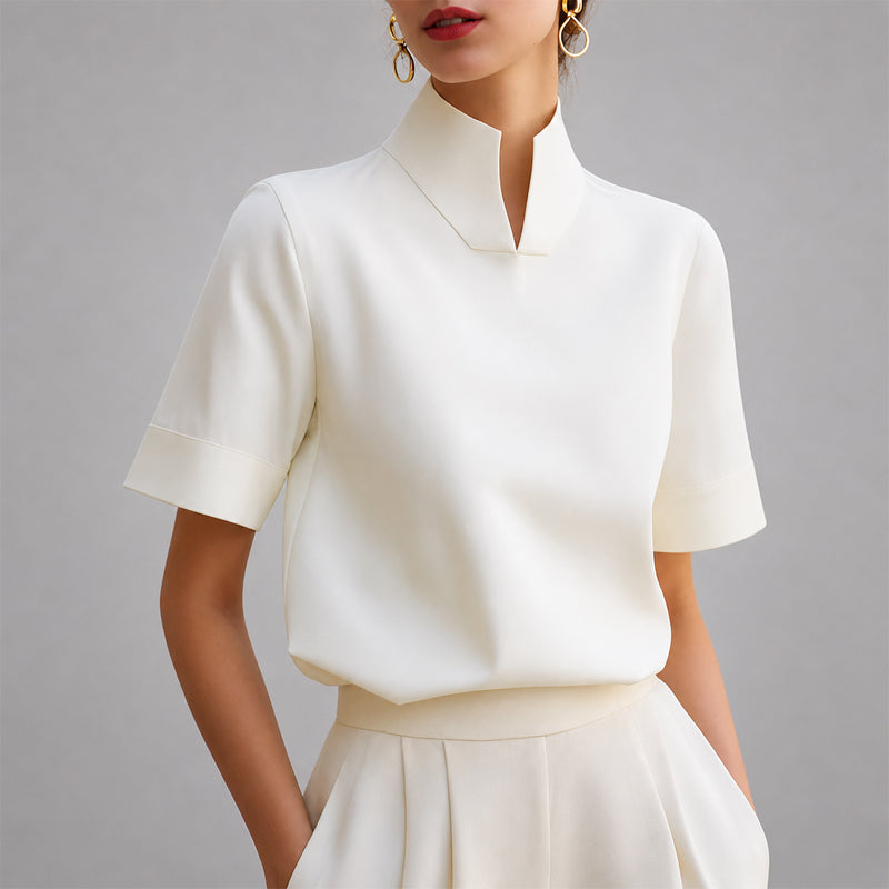 Women's Pullover Stand Collar Blouse – V Cut Short Sleeves Workday Meetings