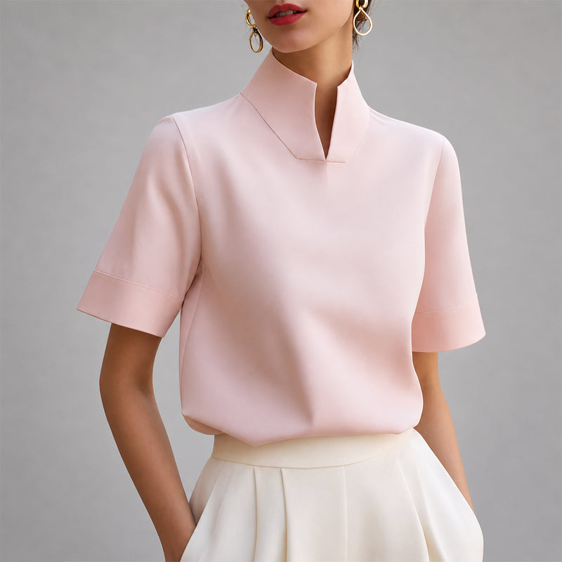 Women's Pullover Stand Collar Blouse – V Cut Short Sleeves Workday Meetings