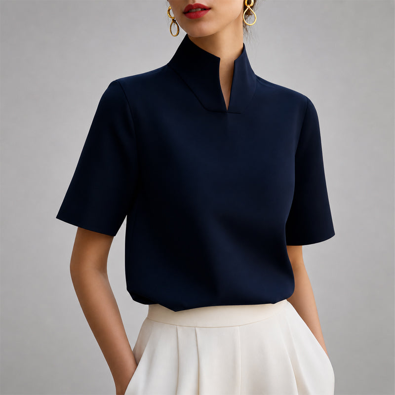 Women's Pullover Stand Collar Blouse – V Cut Short Sleeves Workday Meetings