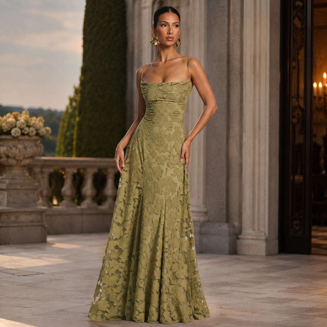 Women's Ruched Floral Maxi Dress – Spaghetti Straps Lace-Up Back Formal Celebrations