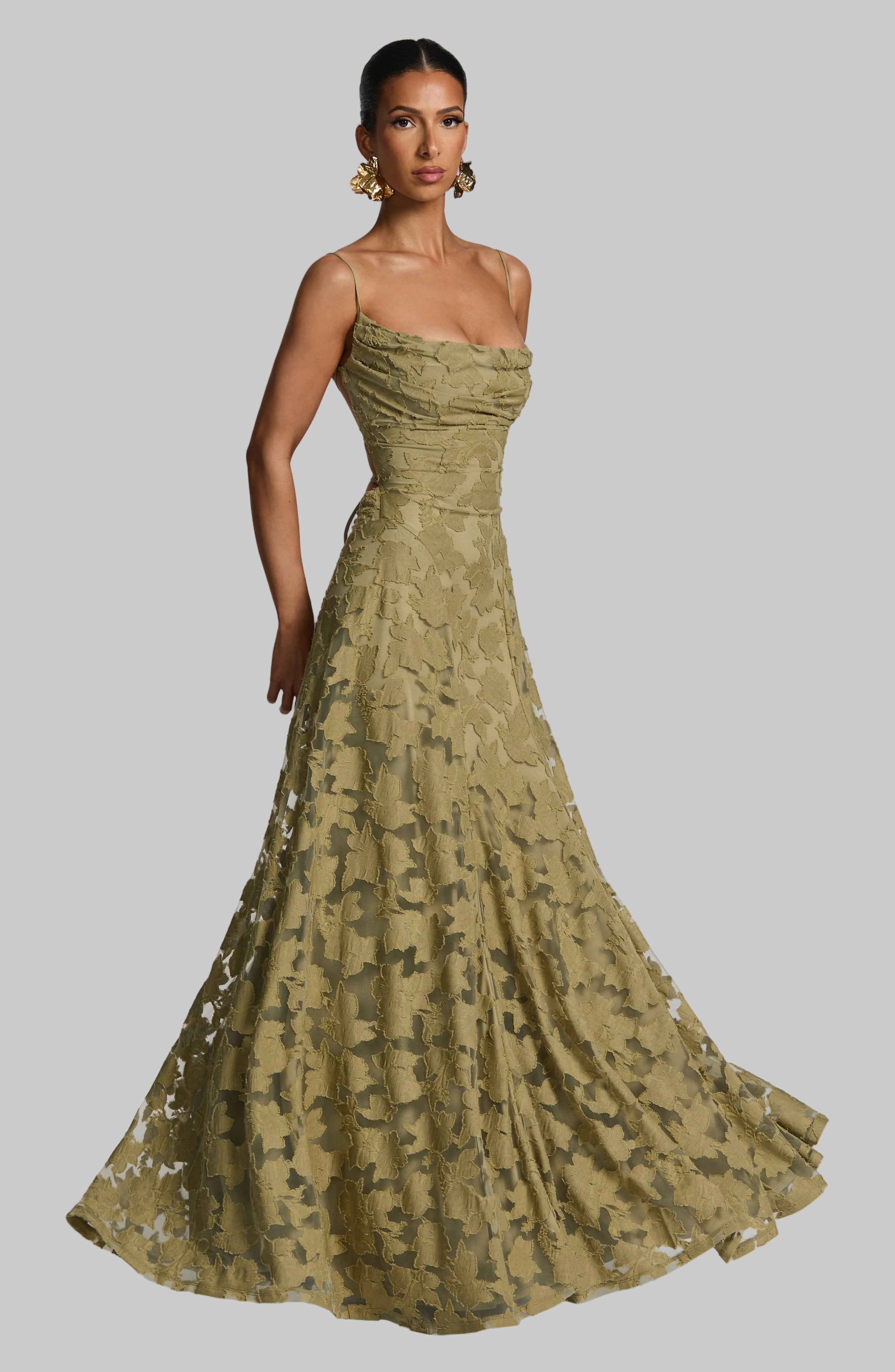 Women's Ruched Floral Maxi Dress – Spaghetti Straps Lace-Up Back Formal Celebrations