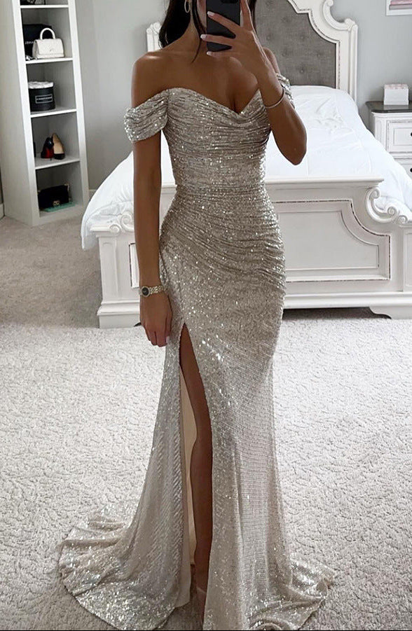 Women's Ruched Sequin Evening Maxi Dress – Off Shoulder Side Slit Awards Night