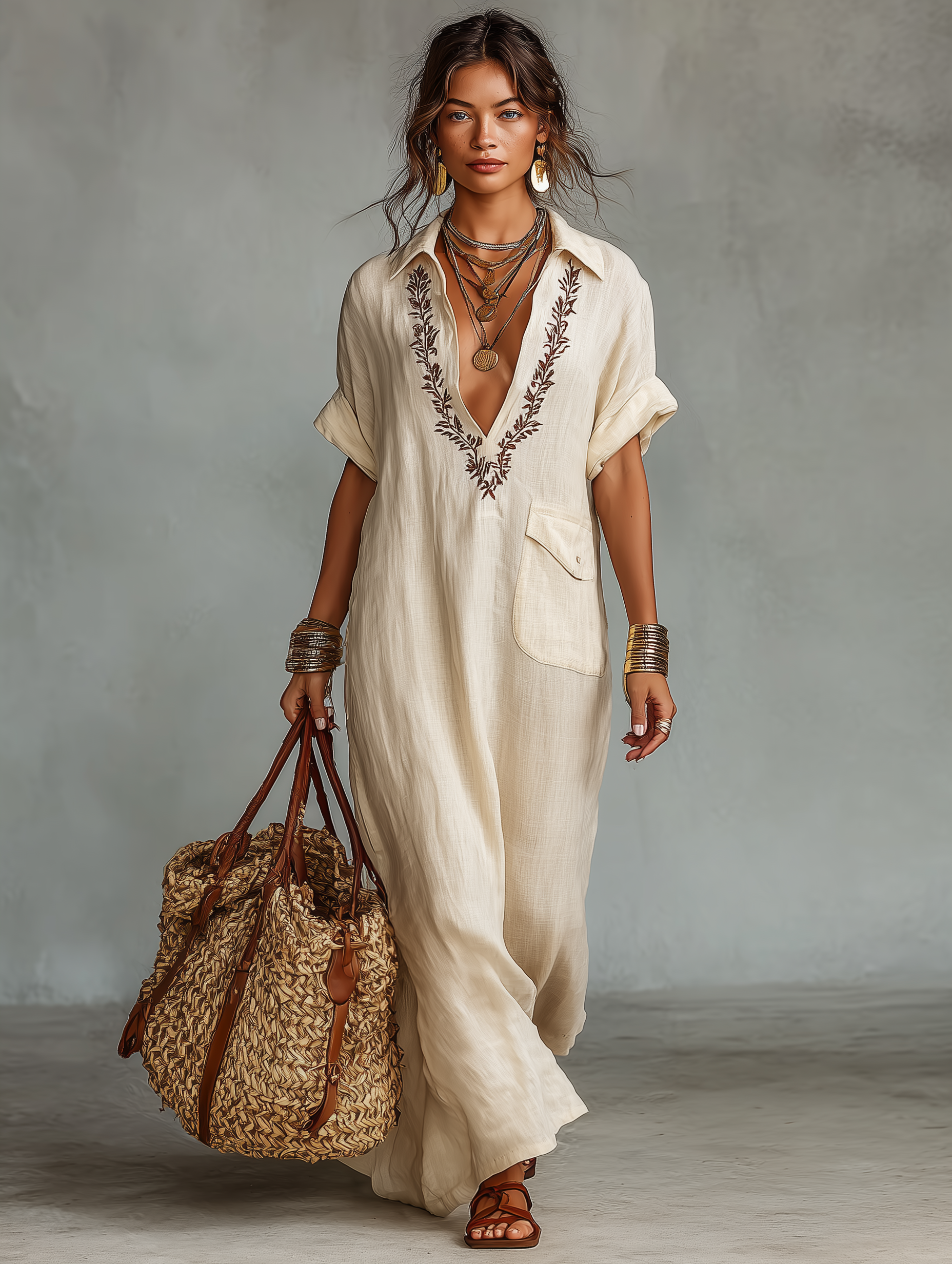 Women's Shirt Style Embroidered Maxi Dress – Collared V Neck Beach Vacation