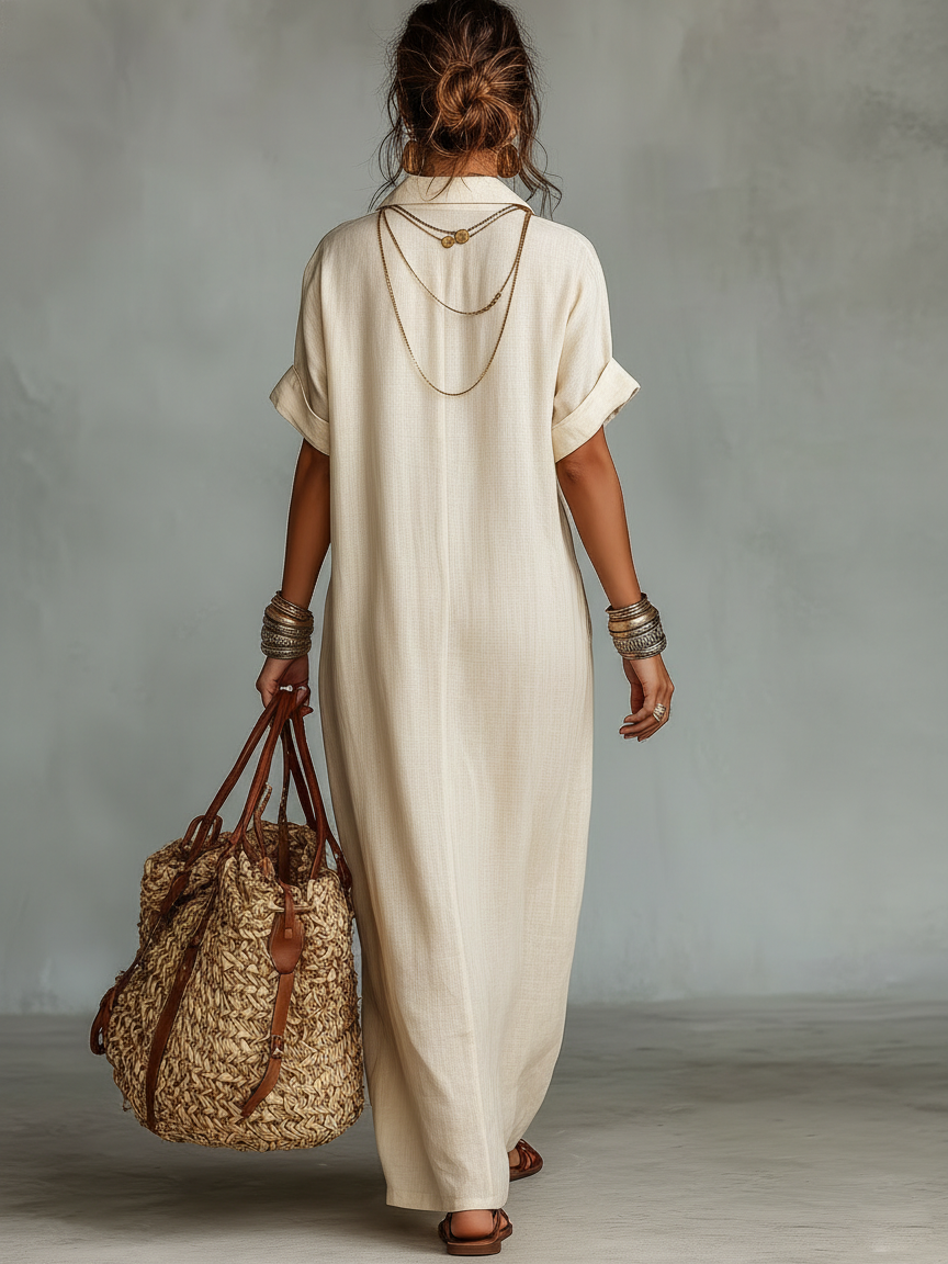 Women's Shirt Style Embroidered Maxi Dress – Collared V Neck Beach Vacation