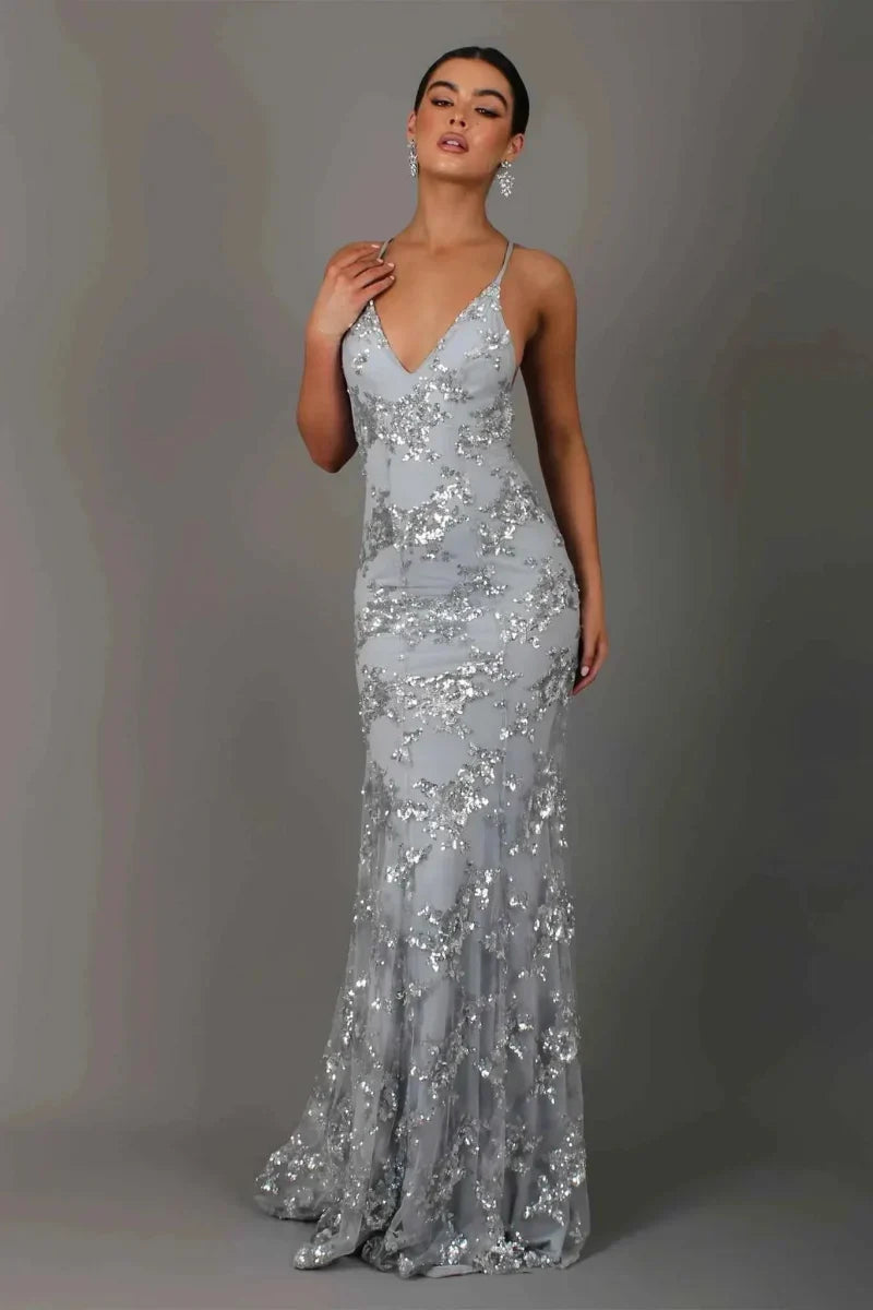 Women's Sleeveless Sequin Maxi Dress – V Neck Crisscross Back Charity Banquet