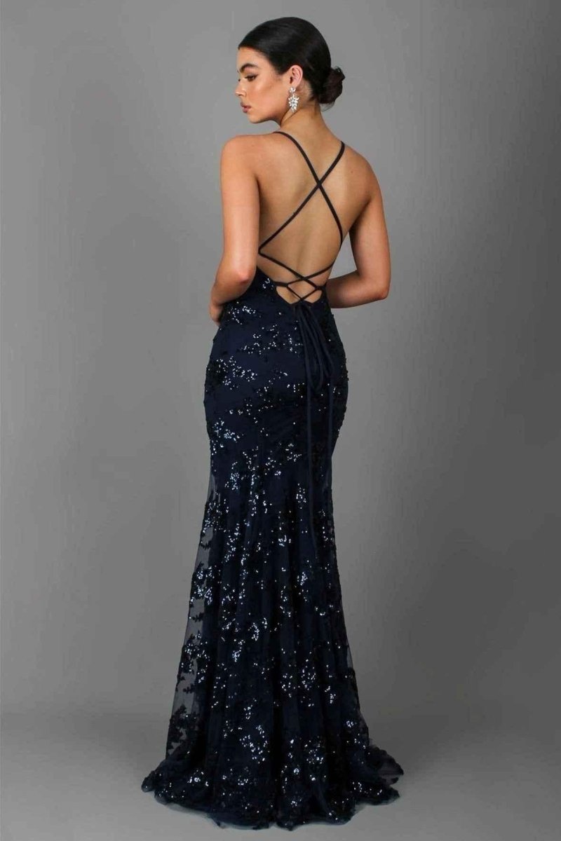 Women's Sleeveless Sequin Maxi Dress – V Neck Crisscross Back Charity Banquet