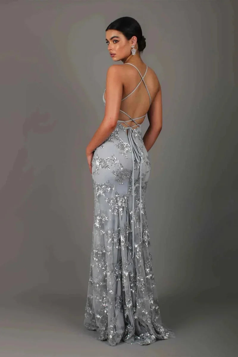 Women's Sleeveless Sequin Maxi Dress – V Neck Crisscross Back Charity Banquet