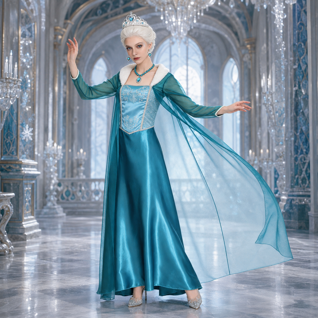 Women's Snow Queen Costume Dress – Sheer Cape Long Sleeve Halloween Party