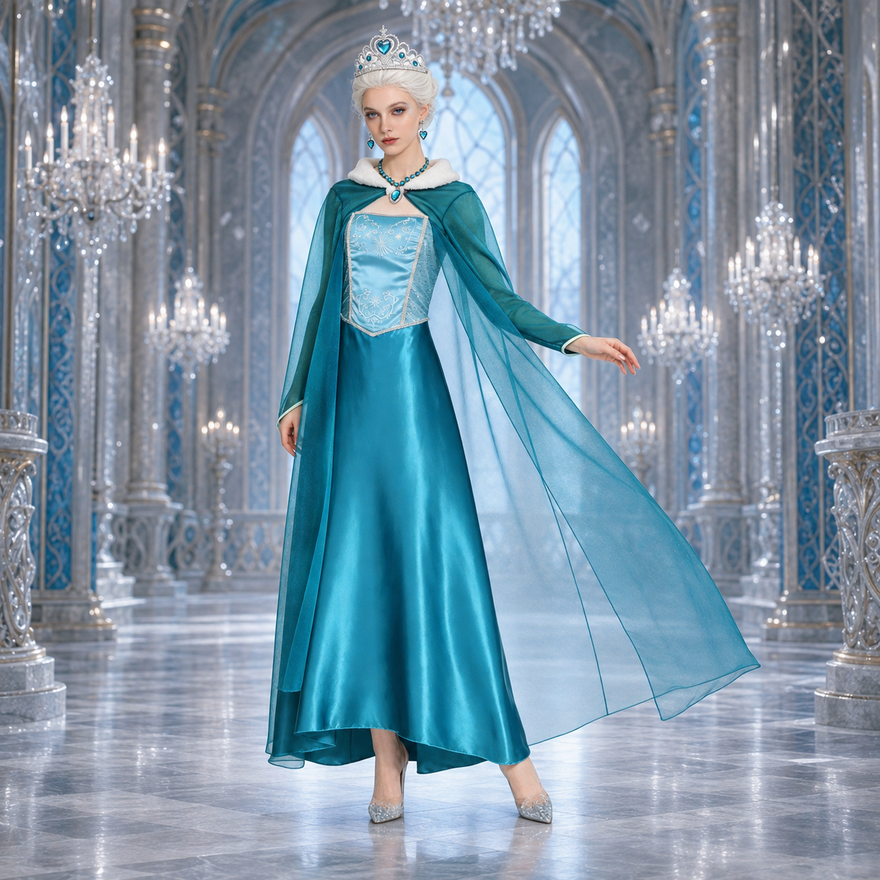 Women's Snow Queen Costume Dress – Sheer Cape Long Sleeve Halloween Party