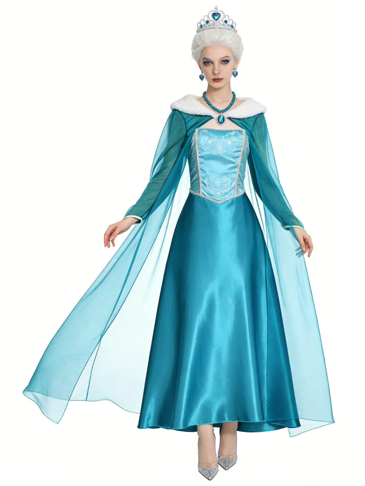 Women's Snow Queen Costume Dress – Sheer Cape Long Sleeve Halloween Party