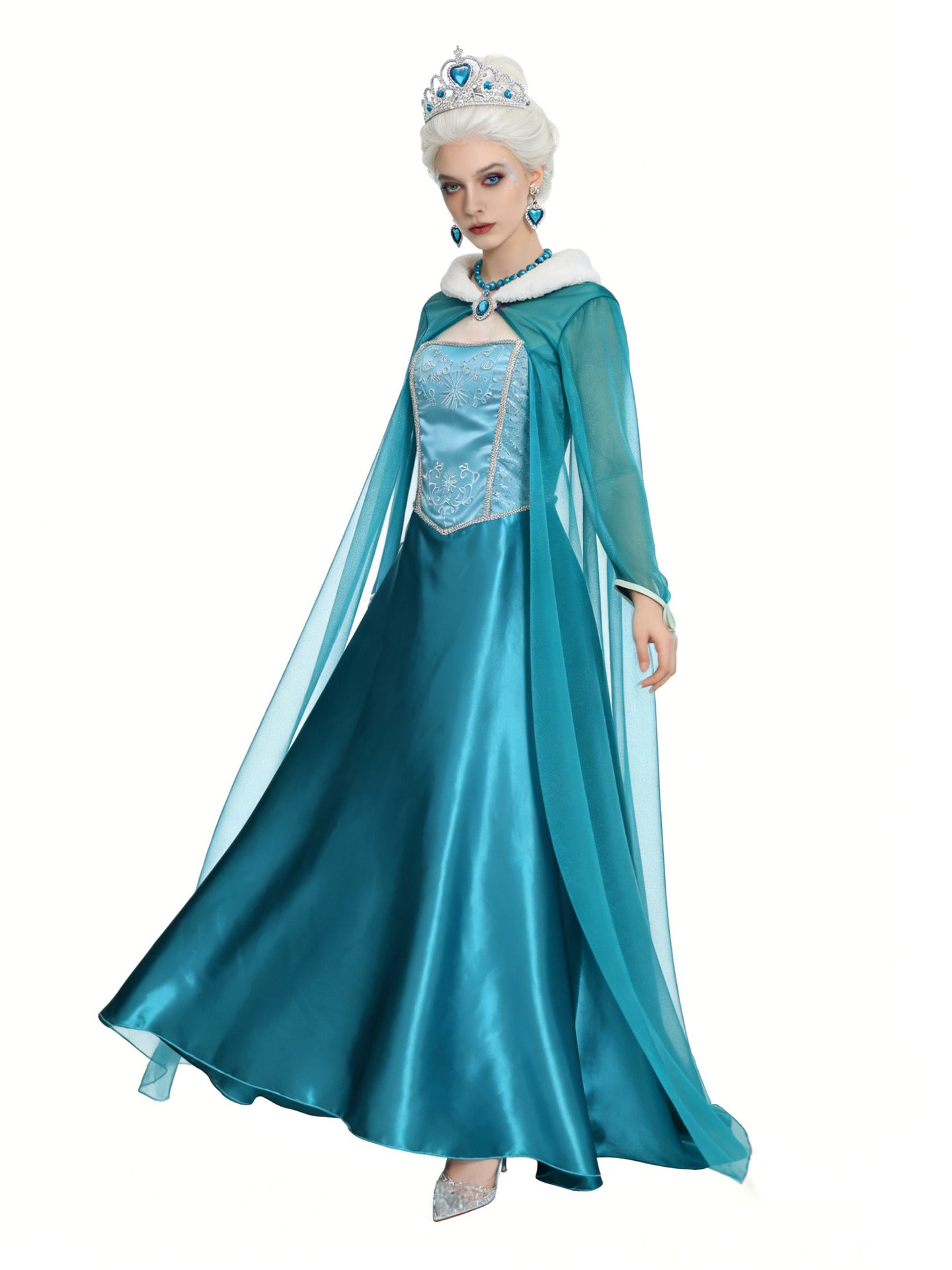 Women's Snow Queen Costume Dress – Sheer Cape Long Sleeve Halloween Party