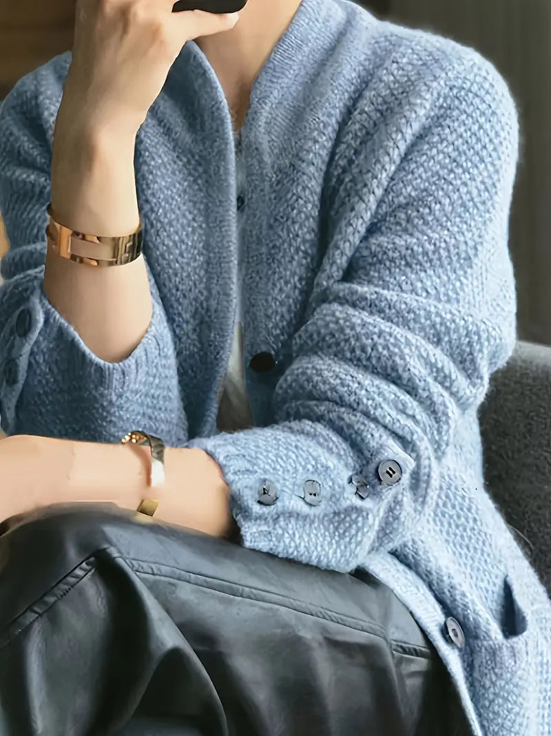 Women's Textured Stand Collar Cardigan – Button Front Patch Pockets Market Visit