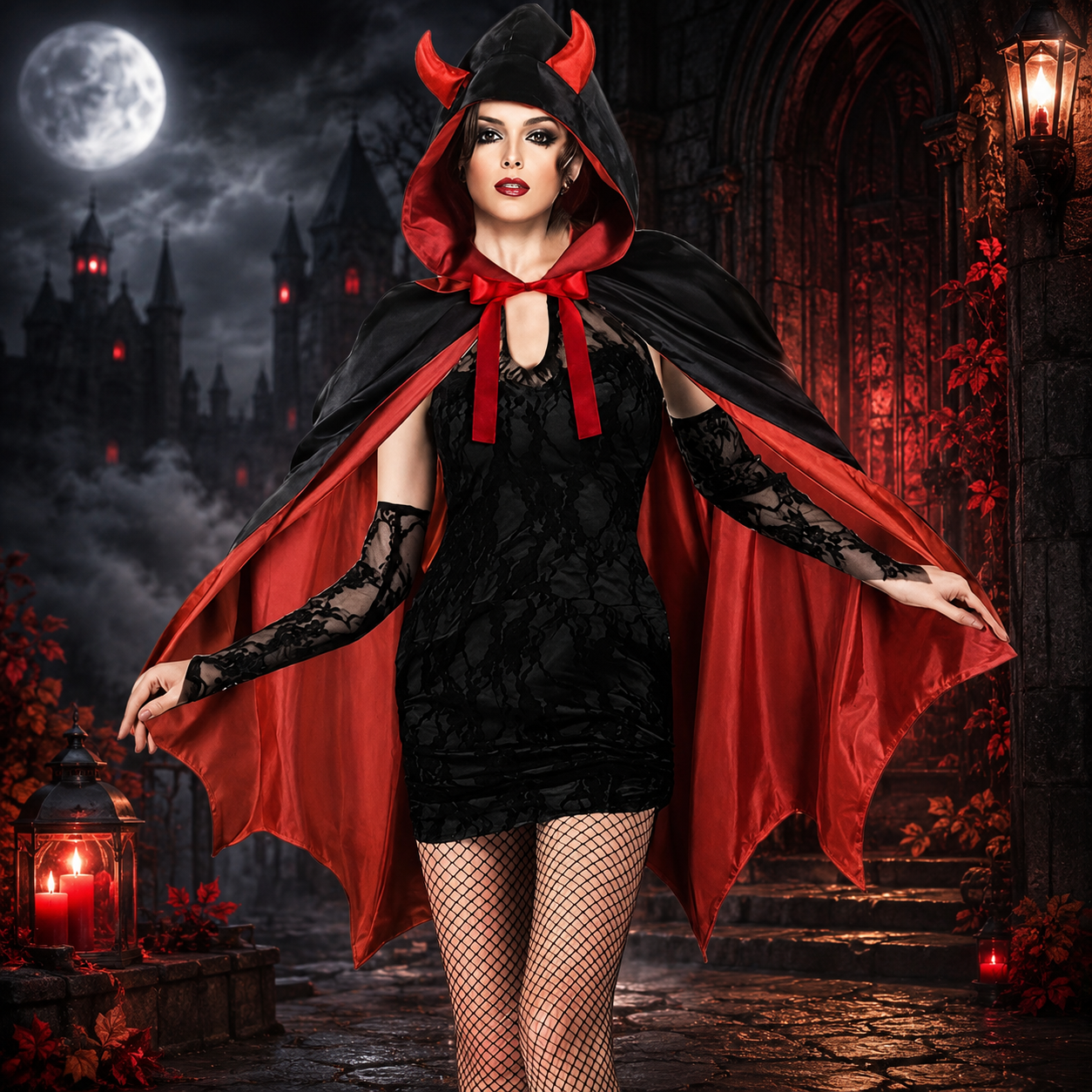 Women's Vampire Cape – Hooded Horn Detail Bow Tie Halloween Costume