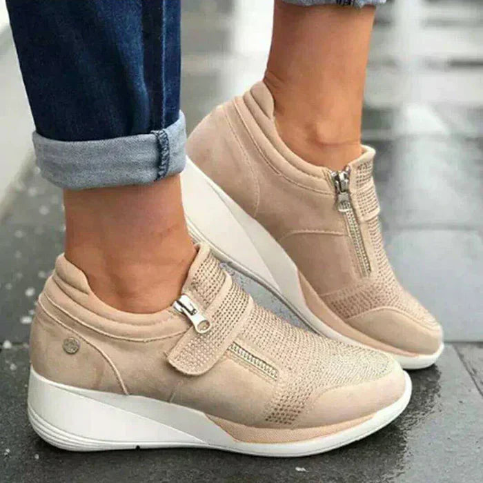 Women's Wedge Perforated Sneakers – Zip Front Strap Detail Coffee Runs