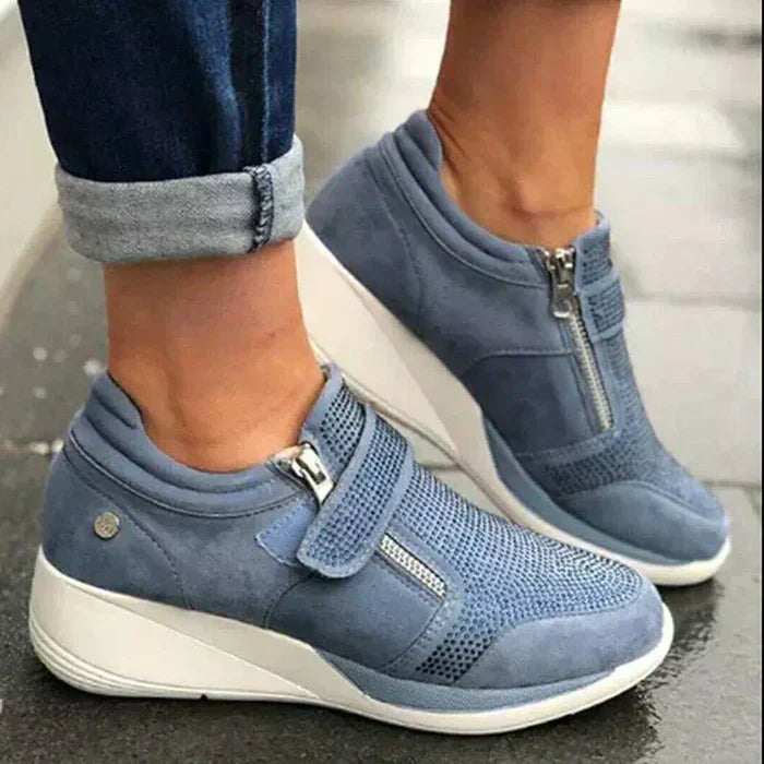 Women's Wedge Perforated Sneakers – Zip Front Strap Detail Coffee Runs