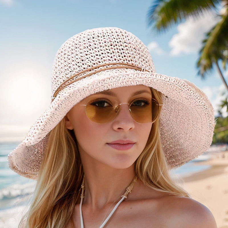 Women's Wide Brim Woven Straw Sun Hat – Cord Trim Beach Summer