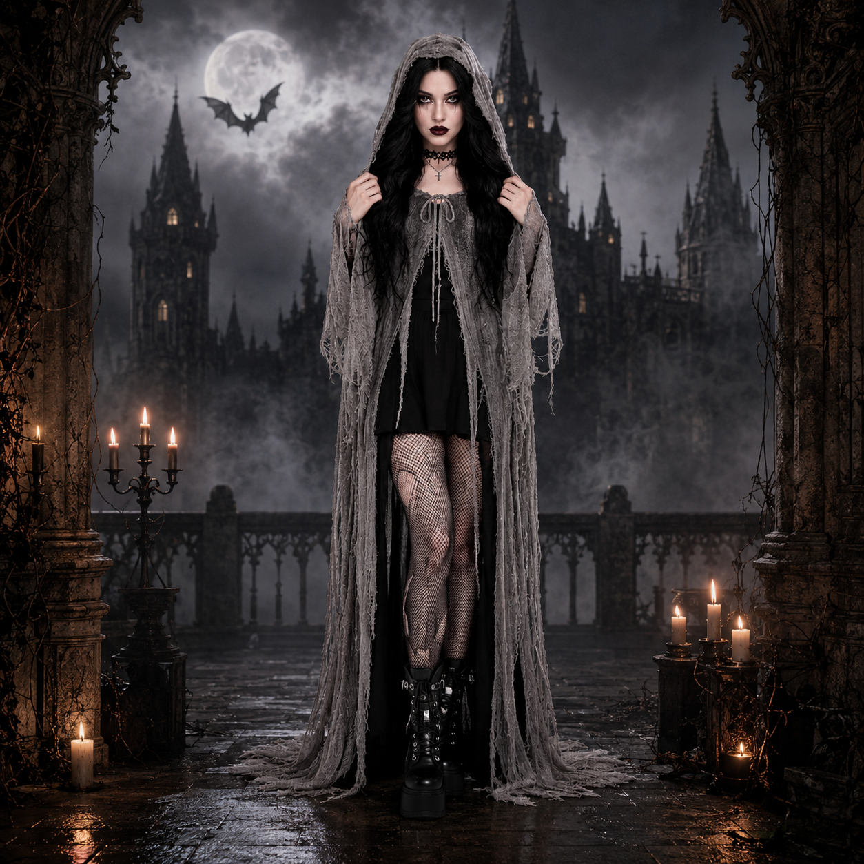 Women's Witch Hooded Costume – Shredded Cape Open Front Halloween Party