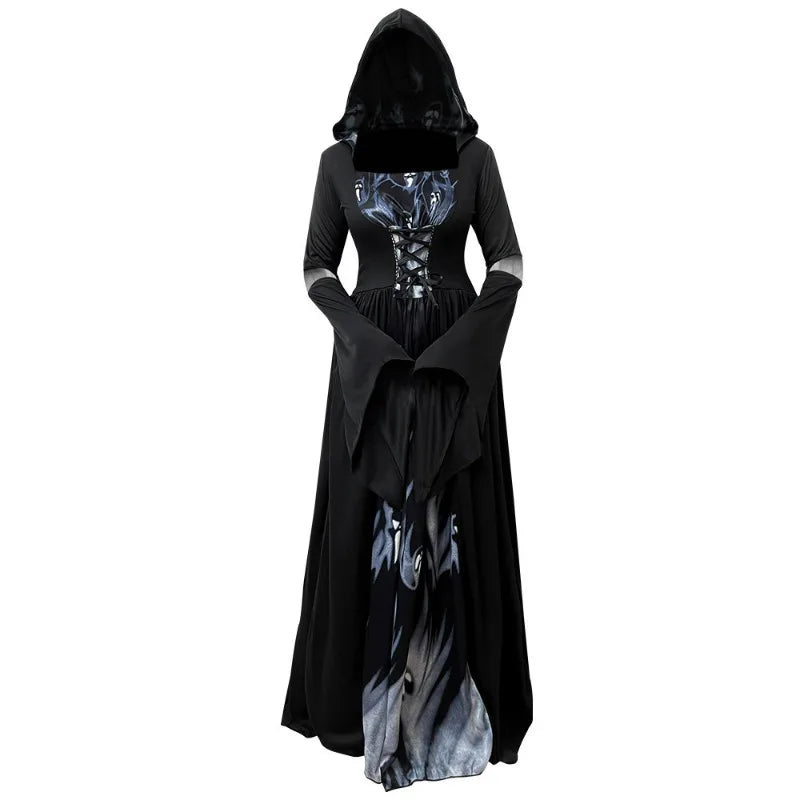 Women's Witch Hooded Dress – Lace Up Bell Sleeve Halloween Costume