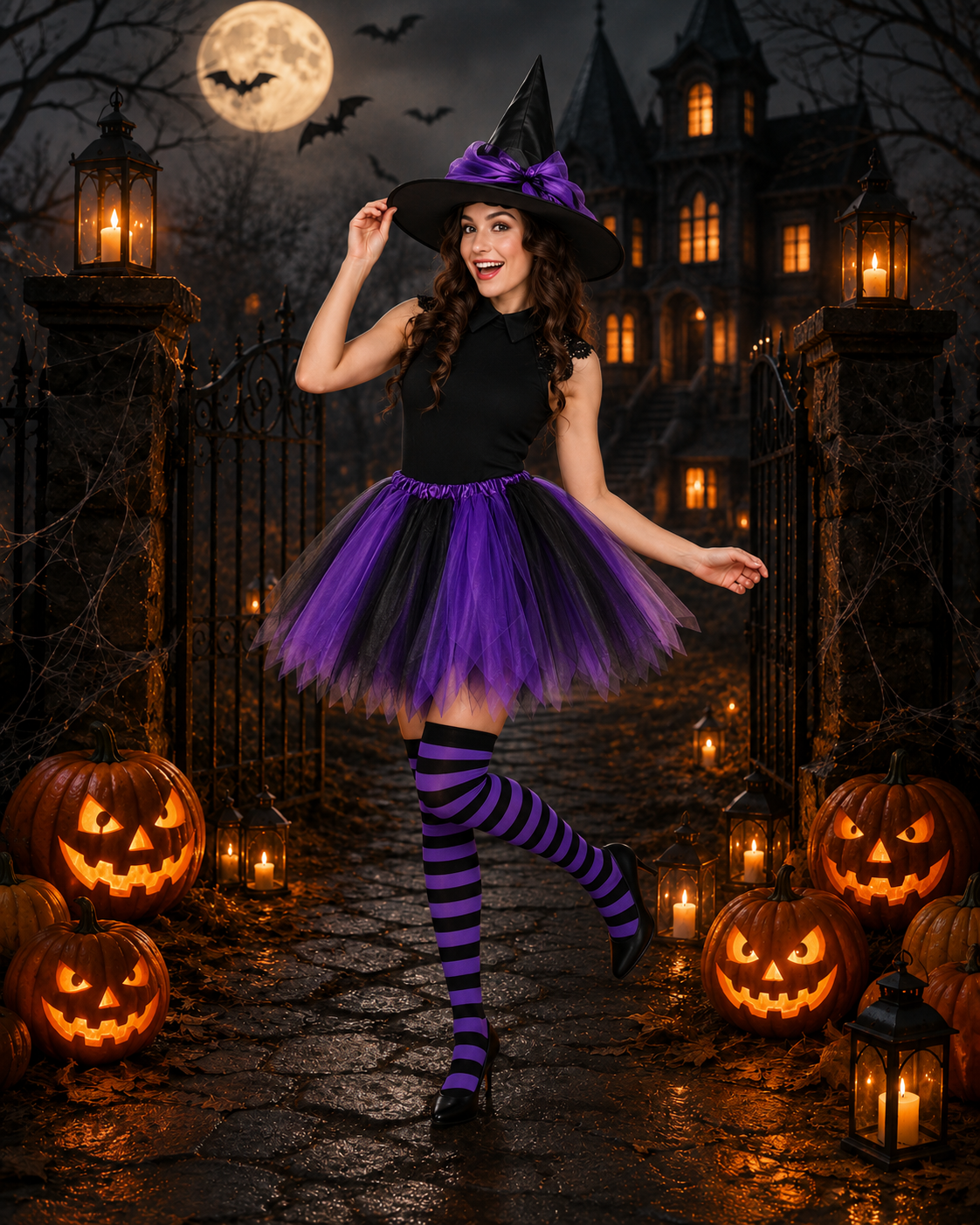 Women's Witch Striped Costume – Pointed Hat Layered Tutu Halloween Party