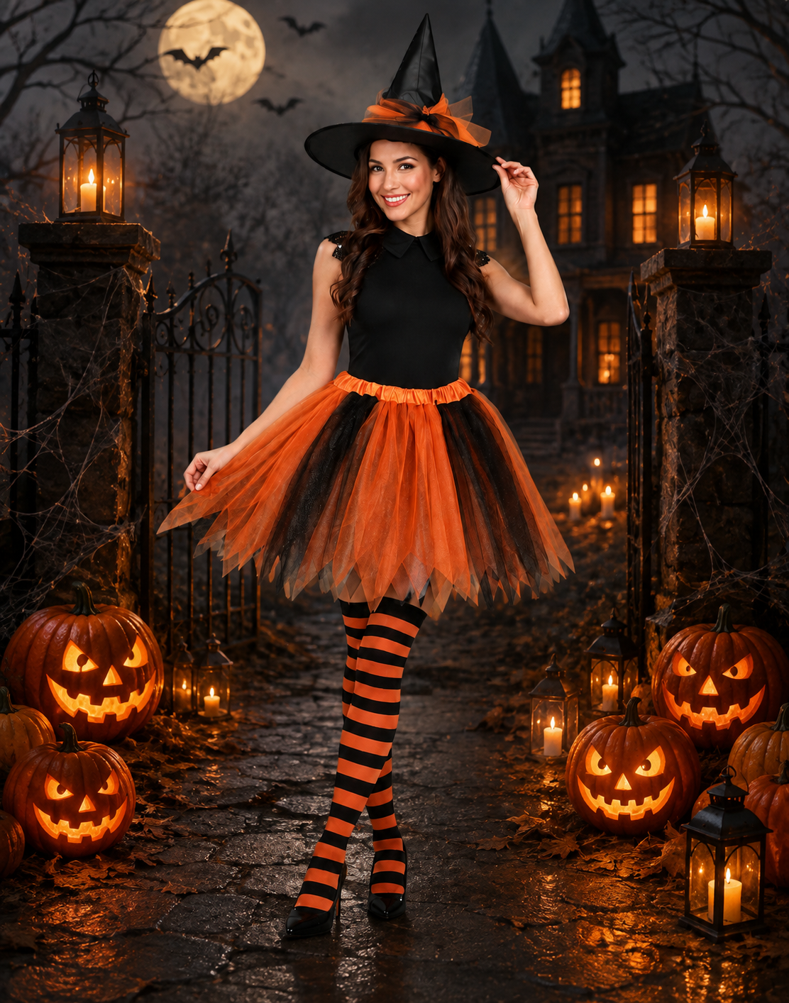 Women's Witch Striped Costume – Pointed Hat Layered Tutu Halloween Party