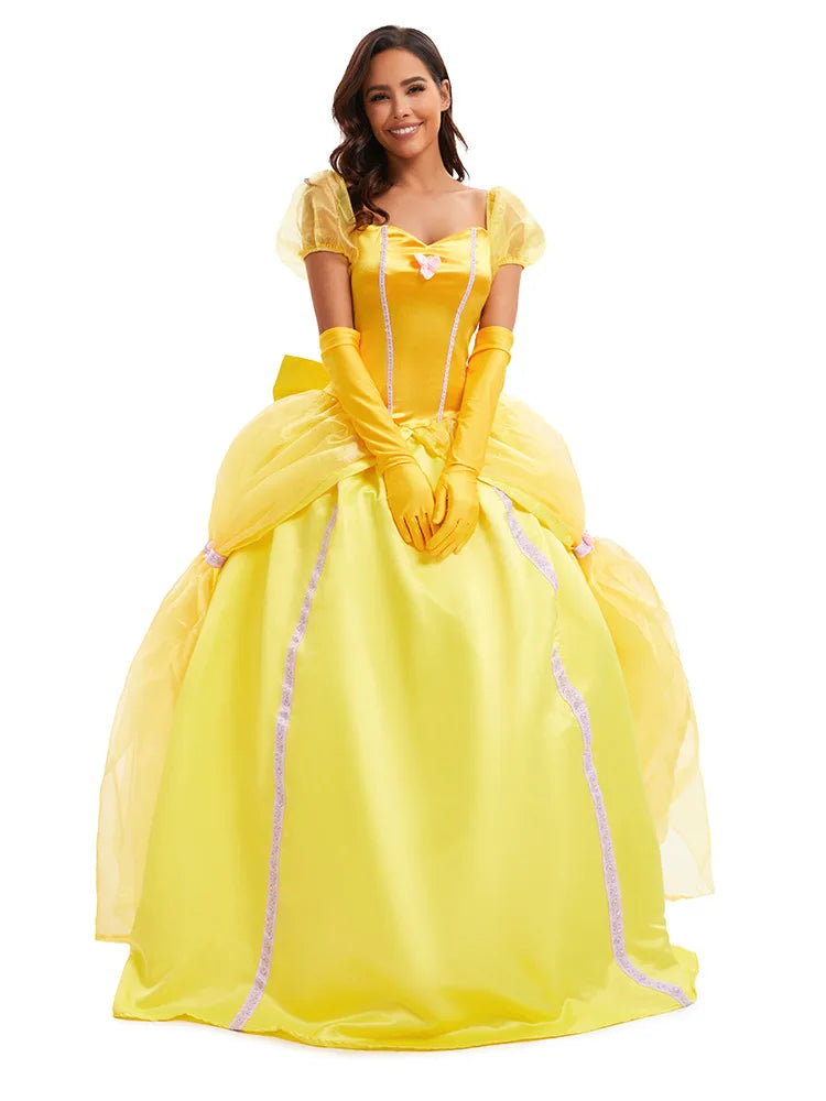 Women's Yellow Princess Dress Costume – Sweetheart Puff Sleeve Gloves Halloween Party