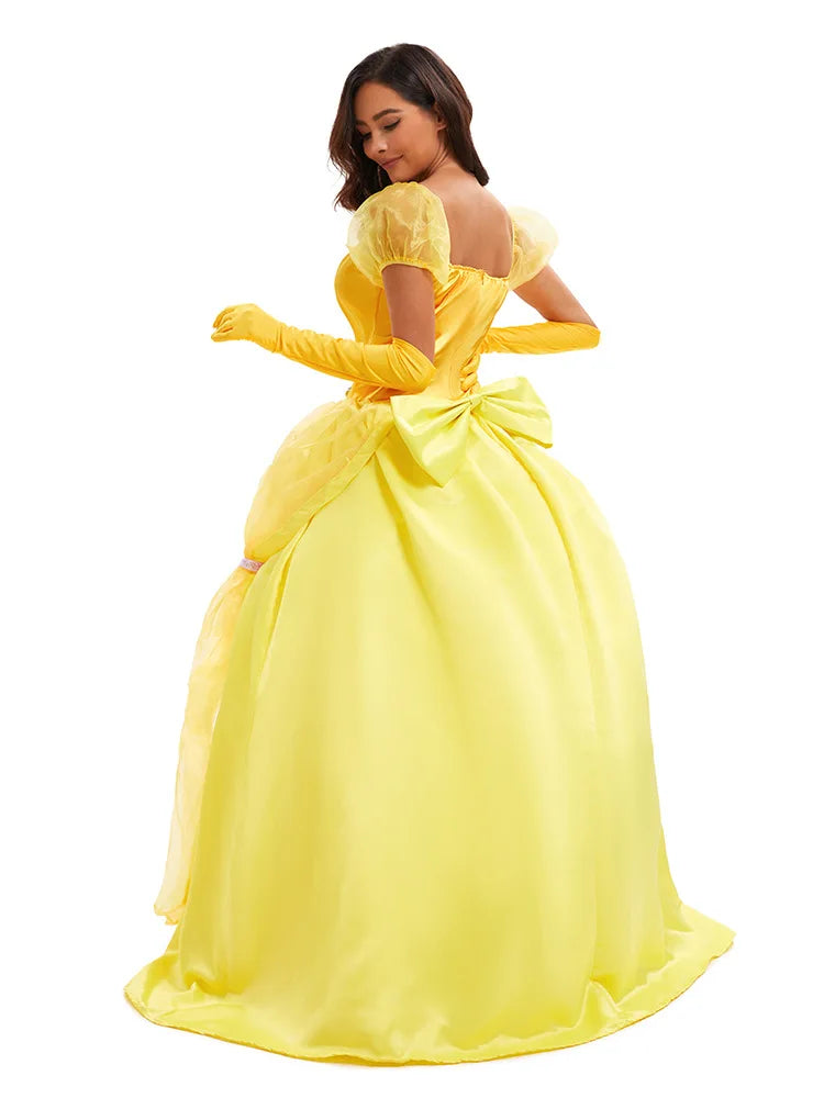 Women's Yellow Princess Dress Costume – Sweetheart Puff Sleeve Gloves Halloween Party